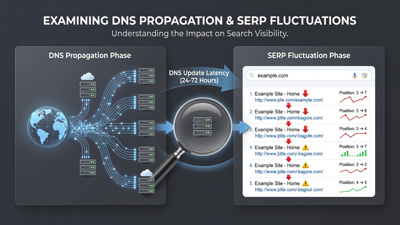 Graph illustrating search ranking fluctuations correlated with DNS propagation timelines across multiple domains